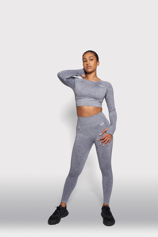 grey long sleeve crop top and leggings gymwear set