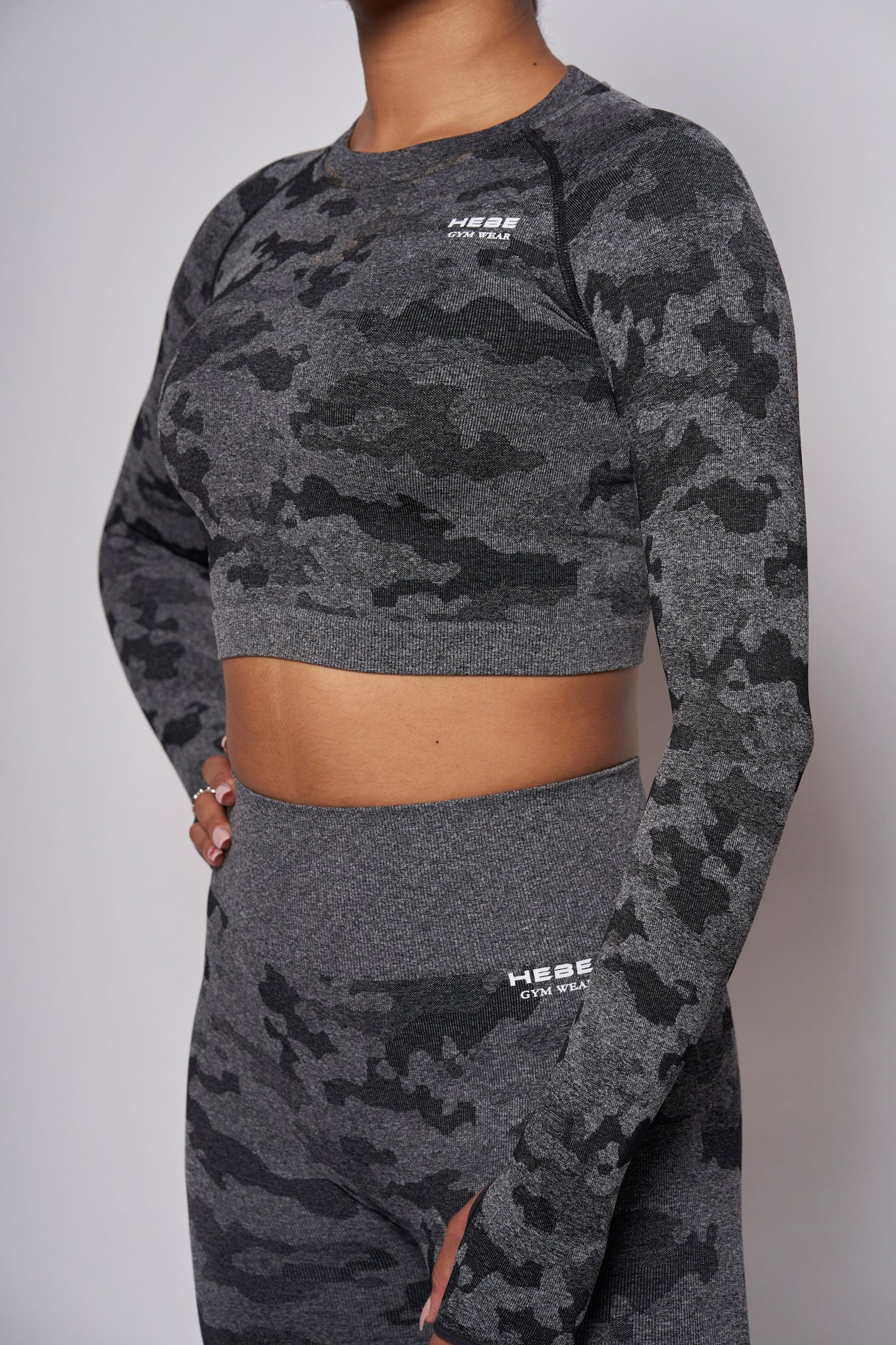 matching grey camouflage crop top and leggings